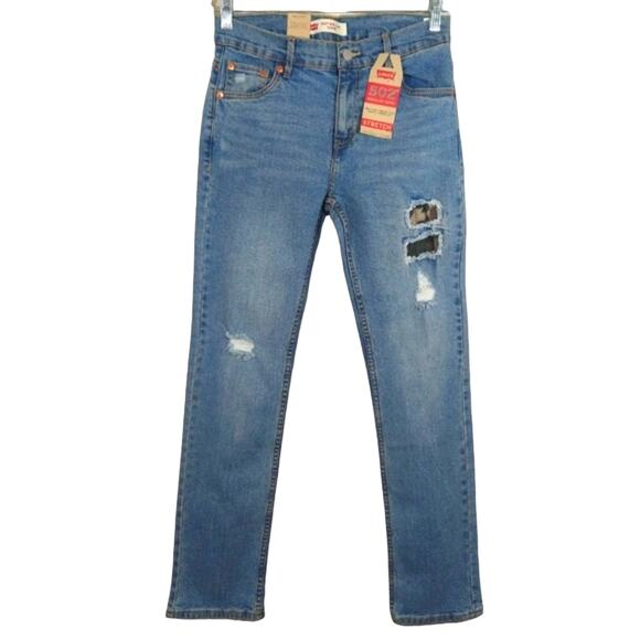 O Levi's 502 Camo Distressed Regular Taper Blue Denim Jeans NWT 16 Reg 28x28 - Picture 1 of 11